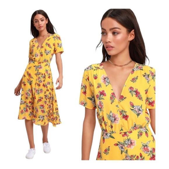 Lulu’s Windows Down Yellow Floral Print Button-Front Midi Dress Size Medium - Picture 1 of 16